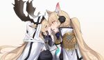  2girls animal_ears arknights armor black_gloves cape commission deer_antlers deer_ears deer_girl gloves headset highres hood hood_up hooded_cape horse_ears horse_girl long_hair lovenshark multiple_girls nearl_(arknights) nearl_the_radiant_knight_(arknights) saliva saliva_trail viviana_(arknights) yuri 