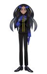  1girl absurdres arm_at_side blue_gloves eyelashes formal full_body geeta_(pokemon) gloves hand_on_own_chest highres multicolored_hair official_art pokemon pokemon_(game) pokemon_sv smile solo standing suit two-tone_hair 