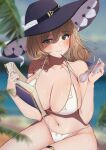  1girl absurdres armpit_crease bangs bikini blurry blurry_background blush book breasts brown_hair cleavage genshin_impact green_eyes hair_between_eyes hat heart heart-shaped_eyewear highres holding holding_book holding_eyewear huge_breasts large_breasts lisa_(genshin_impact) long_hair looking_at_viewer navel oji_fuguri purple_headwear smile solo swimsuit thigh_strap thighs wet 