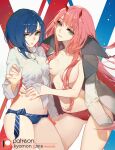  2girls alternate_costume blue_hair blue_panties breasts breasts_apart collared_jacket cowboy_shot darling_in_the_franxx green_eyes hair_censor hair_over_breasts hand_on_another&#039;s_stomach head_tilt high_collar horns ichigo_(darling_in_the_franxx) long_hair looking_at_viewer medium_breasts multiple_girls navel panties parted_lips patreon_logo patreon_username pink_hair red_panties shirt short_hair songjikyo stomach topless underwear wet wet_clothes wet_shirt yuri zero_two_(darling_in_the_franxx) 
