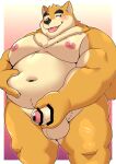  12beat13 2022 anthro balls belly big_belly blush canid canine canis censored domestic_dog genitals hi_res humanoid_genitalia humanoid_hands humanoid_penis kemono male mammal navel overweight overweight_male penis solo tongue tongue_out 