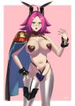  1girl animal_ears belt blue_eyes blush breasts cape epaulettes francis_drake_(fate) gradient gradient_background groin halterneck highres kurozawa_yui large_breasts meme_attire nail_polish navel open_mouth pale_skin pasties pink_hair rabbit_ears reverse_bunnysuit reverse_outfit scar solo standing wrist_cuffs 