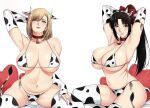  2girls animal_print arm_behind_head arm_up arms_behind_head arms_up bell belly bikini black_eyes black_hair blonde_hair blue_eyes bow breasts closed_mouth collar cow_print cowbell curvy cushion earrings groin hair_bow high_ponytail highres hoop_earrings jewelry large_breasts long_hair looking_at_viewer medium_hair mole mole_under_eye mole_under_mouth multiple_girls navel neck_bell original print_sleeves red_bow red_collar red_lips sitting skindentation stomach swimsuit thighhighs thighs xter 