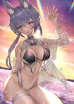  1girl :d absurdres animal_ear_fluff animal_ears arm_behind_back arm_up backlighting bangs bare_shoulders bikini black_bikini breasts cleavage evening gradient_sky heart highres hitowa large_breasts layered_bikini lens_flare long_hair long_sleeves looking_at_viewer low_twintails navel off_shoulder open_clothes open_mouth open_shirt original purple_eyes purple_hair see-through shallow_water sitting sky smile solo sparkle stomach sunlight sunset swimsuit thigh_strap twintails water waving white_bikini 