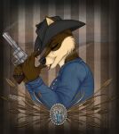  anthro canid canine canis ciagr cowboy dark denim goth gun handgun hi_res humanoid luckywolff male mammal pistol ranged_weapon revolver smoke solo thehuntingwolf weapon wolf ych 