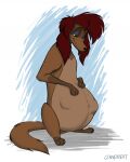  2022 abdominal_bulge belly big_belly canid canine canis convexpert disney domestic_dog female feral fur hair half-closed_eyes hand_on_stomach hands_on_stomach hi_res mammal mouth_closed narrowed_eyes navel nude oliver_and_company on_hind_legs outie_navel paws pregnant pregnant_female pregnant_feral rita_(disney) smile solo standing 