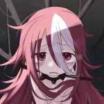  1girl commentary_request hair_between_eyes long_hair looking_at_viewer made_in_abyss multicolored_hair nude red_eyes red_hair restrained siki_mhr solo two-tone_hair upper_body veko white_hair 