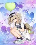  1girl absurdres balloon barbara_(genshin_impact) blonde_hair blue_eyes closed_mouth dress earrings full_body genshin_impact hat heart highres jewelry long_hair looking_at_viewer sailor_collar sailor_dress shoes shohje short_sleeves smile sneakers solo squatting star_(symbol) twintails wavy_hair white_background 