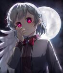  1girl bow bowtie dress full_moon hand_on_own_face hangaku_th highres jacket kishin_sagume long_sleeves looking_at_viewer moon moonlight night night_sky purple_dress red_eyes single_wing sky solo star_(sky) touhou wings 