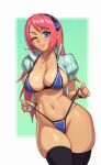 1girl bikini blue_eyes breasts cleavage collarbone highres jeena_(spectrobes) large_breasts lips long_hair midriff navel one_eye_closed pink_hair puffy_short_sleeves puffy_sleeves riz short_sleeves smile solo spectrobes_(series) swimsuit thick_thighs thighs 