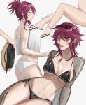  1girl arm_tattoo bangs bare_legs bare_shoulders bikini breasts cleavage collarbone ear_piercing english_commentary eyewear_on_head flower_tattoo genshin_impact hat highres holding holding_clothes holding_hat large_breasts long_hair looking_at_viewer mole mole_on_breast mole_on_thigh mole_under_eye multicolored_hair multiple_views navel parted_lips piercing red_eyes red_hair rosaria_(genshin_impact) shesofyee side-tie_bikini_bottom simple_background slippers solo star_tattoo stomach streaked_hair swimsuit tattoo thighs white_background 