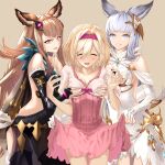  3girls :d animal_ears asymmetrical_gloves black_dress black_thighhighs blonde_hair breast_grab breasts brown_background brown_hair cleavage closed_eyes clothes_lift djeeta_(granblue_fantasy) dress facing_viewer fingerless_gloves frilled_thighhighs frills gloves grabbing granblue_fantasy grey_eyes grin hairband high-waist_skirt korwa lifted_by_another long_hair medium_breasts miniskirt multiple_girls pink_eyes pink_skirt red_hairband see-through see-through_dress shiny shiny_hair shirt short_sleeves skirt skirt_lift sleeveless sleeveless_dress smile soruna_(nell) standing thigh_gap thighhighs tweyen_(granblue_fantasy) very_long_hair white_dress white_gloves white_hair white_shirt yuri 