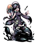  1girl :d absurdres aria_wintermint bare_shoulders belt black_footwear black_hair black_scarf boots commission cosplay gothic green_eyes green_scarf gug hair_over_one_eye highres inkling inkling_(cosplay) long_hair open_mouth paint_splatter parororo scarf simple_background smile smirk splatoon_(series) splatoon_1 splattershot_(splatoon) standing standing_on_one_leg striped striped_scarf super_soaker tentacle_hair the_crawling_city thighhighs weapon white_background zettai_ryouiki 