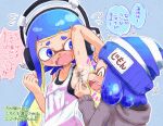  2girls :d ^_^ arm_up armpit_hair armpits bare_arms bare_shoulders blue_background blue_eyes blue_hair blush bobble-chan_(splatoon) breasts closed_eyes collarbone covered_nipples fangs hand_up headphone-chan_(splatoon) headphones highres inkling inkling_girl long_hair multiple_girls nose_blush outline short_hair sideboob small_breasts smile splatoon_(manga) splatoon_(series) steaming_body striped striped_headwear suction_cups sweat tank_top tentacle_hair white_outline yugmlecpdduukox 