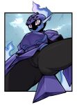  2022 anthro armor biped black_body breastplate butt ceruledge digital_media_(artwork) female genitals headgear helmet iriedono low-angle_view nintendo pokemon pokemon_(species) purple_body purple_eyes pussy solo video_games worm&#039;s-eye_view 