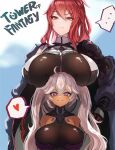 ... 2girls absurdres bangs breast_rest breasts breasts_on_head cleavage closed_mouth copyright_name ehtuho frigg_(tower_of_fantasy) heart height_difference highres large_breasts long_hair looking_at_viewer multiple_girls red_hair speech_bubble spoken_ellipsis spoken_heart tower_of_fantasy wanderer_(tower_of_fantasy) 