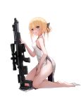  1girl bangs bare_arms bare_legs barefoot black_ribbon blonde_hair blush breasts dress from_side full_body green_eyes gun guo582 hair_ribbon hand_on_own_thigh highres kneeling looking_at_viewer looking_to_the_side medium_breasts open_mouth original revision ribbon rifle simple_background sleeveless sleeveless_dress solo weapon white_background white_dress 
