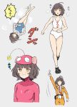  1girl ahoge anglerfish_costume anglerfish_dance asakura_minami asakura_minami_(cosplay) athletic_leotard bangs blunt_bangs bodysuit brown_eyes brown_hair commentary_request cosplay cowboy_shot girls_und_panzer glico glico_man glico_man_(cosplay) grey_background hat highres kakincho kantai_collection kishinami_(kancolle) leotard look-alike looking_at_viewer military military_uniform multiple_views parted_lips pink_bodysuit running short_hair simple_background spoon touch_(manga) ultra_series ultraman_(1st_series) uniform upper_body wavy_hair 