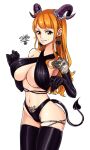  1girl artist_name black_gloves breasts cleavage commentary demon_girl earrings elbow_gloves english_commentary eyelashes gloves heart heart_earrings heart_tattoo highres horns jewelry large_breasts long_hair looking_at_viewer nami_(one_piece) naughty_face navel one_piece orange_eyes orange_hair pubic_tattoo sherumaru_(korcht06) shiny shiny_skin signature simple_background smile solo standing tail tattoo thighhighs upper_body white_background 