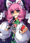  1girl bright_pupils gloves highres holding holding_poke_ball index_finger_raised klara_(pokemon) lips looking_at_viewer medium_hair mole mole_under_mouth parted_lips partially_fingerless_gloves pink_hair poke_ball pokemon pokemon_(game) pokemon_swsh purple_eyes purple_gloves sandragh single_glove smile solo white_pupils 