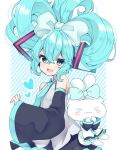 &gt;_&lt; 1girl :d bangs bare_shoulders black_skirt black_sleeves blue_eyes blue_hair blue_necktie blush bow breasts cinnamiku cinnamoroll closed_eyes closed_mouth collared_shirt commentary_request cosplay detached_sleeves diagonal_stripes hair_between_eyes hair_bow hatsune_miku hatsune_miku_(cosplay) heart highres long_sleeves looking_at_viewer nachiru necktie outline pleated_skirt sanrio shirt skirt sleeveless sleeveless_shirt sleeves_past_wrists small_breasts smile striped striped_background white_bow white_outline white_shirt wide_sleeves 