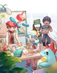  1girl 2boys :d bangs book chair chinese_commentary commentary_request croconaw dubwool egg green_hair hat holding holding_egg hop_(pokemon) huan_li jacket kris_(pokemon) labcoat long_hair looking_down lucas_(pokemon) multiple_boys open_mouth pants papers poke_ball poke_ball_(basic) pokemon pokemon_(creature) pokemon_(game) pokemon_dppt pokemon_egg pokemon_gsc pokemon_swsh porygon-z purple_hair red_headwear red_scarf red_shirt scarf shirt shoes short_hair sitting smile swablu table tongue twintails white_jacket whiteboard yellow_headwear 
