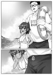  1boy 1girl :d bikini breasts cloud glasses greyscale hair_ribbon height_difference highres kanabun large_breasts monochrome ocean one-piece_tan opaque_glasses original outdoors ponytail ribbon short_hair sky smile striped striped_bikini swimsuit tan tanlines teeth textless_version upper_teeth 