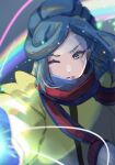  1boy aqua_eyes aqua_hair blue_mittens blurry closed_mouth commentary_request eyelashes frown grusha_(pokemon) highres jacket long_hair male_focus one_eye_closed pokemon pokemon_(game) pokemon_sv rainbow scarf solo ssn_(sasa8u9r) upper_body yellow_jacket 