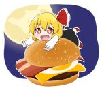  +_+ 1girl black_dress blonde_hair burger dress fang food full_body full_moon hair_ribbon highres long_sleeves looking_at_viewer moon night open_mouth red_footwear red_ribbon ribbon rizleting rumia short_hair solo touhou 