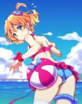  1girl ass ball bangs bare_arms beachball bikini bikini_skirt blonde_hair blue_bikini blue_sky brown_hair closed_mouth cloud day freyja_wion green_eyes hair_between_eyes hair_ornament heart heart_hair_ornament macross macross_delta medium_hair microskirt multicolored_hair nagai_(cwug3874) ocean one_side_up outdoors pleated_skirt red_bikini red_skirt single_thighhigh skirt sky solo summer sweatdrop swimsuit thighhighs two-tone_hair white_thighhighs 