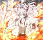  1girl absurdres bangs bow closed_mouth collarbone collared_shirt fire fujiwara_no_mokou hair_bow highres long_hair looking_at_viewer pants ponytail red_eyes red_pants shimoda_masaya shirt short_sleeves simple_background solo suspenders touhou upper_body white_background white_shirt 