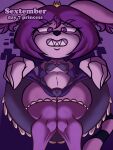 2022 absurd_res ambiguous_species animal_humanoid anthro big_butt blush breasts butt clothed clothing digital_media_(artwork) embarassment embarrassed english_text exotic_species female fur hair hi_res humanoid linyxart long_hair looking_at_viewer mammal partially_clothed princess purple_body royalty shaded short_stack simple_background size_difference sketch small_breasts smaller_female solo solo_focus text 