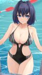  1girl bangs blue_eyes blue_hair blush breasts cleavage collarbone hair_intakes highres hololive hololive_english large_breasts looking_at_viewer one-piece_swimsuit ouro_kronii pool short_hair shuuzo3 solo swimsuit thighs virtual_youtuber wading wet 