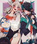  1other 2girls arknights bare_shoulders black_coat black_gloves black_hair bucket bulge coat cum cum_in_container cum_in_cup cum_on_hands cup dragon_horns dress drinking_glass dusk_(arknights) futanari gloves green_hair grey_background grey_hair hair_over_one_eye highres holding holding_bucket holding_cup horns long_hair long_sleeves looking_at_another looking_at_viewer mirin_chikuwa multicolored_hair multiple_girls necktie nian_(arknights) open_mouth penis penis_peek pointy_ears pov pov_hands purple_background purple_eyes red_eyes red_hair red_necktie streaked_hair teeth two-tone_background upper_teeth white_dress 
