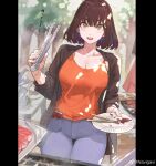  1girl absurdres bangs breasts brown_hair cellphone chopsticks denim flying_sweatdrops food grill highres holding holding_plate holding_tongs jacket jeans jun_(seojh1029) looking_at_viewer meat medium_hair original outdoors pants paper_plate phone plate pov smartphone sweater_jacket table tongs translated tree weibo_logo weibo_username 
