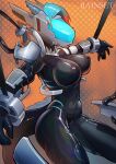  absurd_res anthro big_breasts breasts clothing cuff_(restraint) dragon drone dronification female goo_(disambiguation) hi_res horn machine machine_bondage metal_cuffs nipple_outline rainset restraints rubber rubber_clothing rubber_suit solo visor 