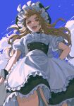  1girl :d apron back_bow bangs black_headwear black_skirt black_vest blonde_hair blue_sky bow braid buttons center_frills cloud cloudy_sky commentary cowboy_shot day frilled_apron frilled_hat frilled_skirt frills from_below green_bow hair_bow hand_on_hip hat highres kirisame_marisa long_hair looking_at_viewer looking_down noriuma open_mouth puffy_short_sleeves puffy_sleeves shirt short_sleeves signature single_braid skirt sky smile solo teeth touhou underbust upper_teeth vest waist_apron white_apron white_bow white_shirt witch_hat wristband yellow_eyes 