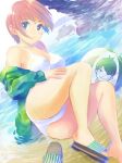  1girl ball bare_legs beach beachball bikini blue_eyes breasts cleavage closed_mouth collarbone day go-toubun_no_hanayome green_jacket highres hirokiku jacket long_sleeves lying medium_breasts nakano_ichika ocean on_side open_clothes open_jacket outdoors pink_hair shiny shiny_hair short_hair sideboob smile solo summer swimsuit white_bikini 