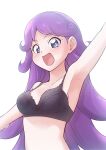  1girl arm_up armpits bangs black_bra blue_eyes blush bra breasts collarbone highres kiratto_pri_chan long_hair ogry_ching open_mouth parted_bangs pretty_(series) purple_hair shido_mel shiny shiny_hair simple_background small_breasts solo straight_hair underwear underwear_only upper_body very_long_hair white_background 