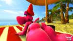  16:9 3d_(artwork) accessory anthro basket beach beach_blanket beach_chair beach_umbrella big_breasts birdo bow_(feature) bow_accessory bow_ribbon breasts centered_hair_bow container detailed_background digital_media_(artwork) female hair_accessory hair_bow hair_ribbon hi_res looking_back mario_bros nintendo pink_body plant rear_view red_bow reptile ribbons sand scalie sea seaside solo source_filmmaker thecheshireguy thick_thighs tree umbrella video_games water widescreen 