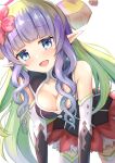 1girl ameth_(princess_connect!) backlighting blue_eyes blush breasts cleavage commentary elbow_gloves flower gloves green_hair hair_flower hair_ornament highres i_tamima long_hair looking_at_viewer medium_breasts multicolored_hair pointy_ears princess_connect! purple_hair solo two-tone_hair white_background 