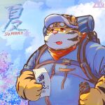 2022 anthro belly big_belly bodily_fluids clothed clothing countershading felid hat headgear headwear hi_res humanoid_hands kemono male mammal outside overweight overweight_male pantherine pixiv_id_36067019 solo sweat text tiger 