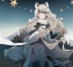 1girl animal_ears argon_(caocaocaocaocao) arknights bell belt blue_ribbon braid bright_pupils capelet chinese_commentary commentary cowboy_shot dress fingernails grey_belt grey_capelet grey_eyes grey_hair grey_thighhighs highres holding holding_bell jewelry leopard_ears leopard_girl leopard_tail long_hair long_sleeves looking_afar necklace parted_lips pramanix_(arknights) ribbon shooting_star side_slit sky solo star_(sky) starry_sky tail thighhighs tiara very_long_hair white_dress white_pupils white_ribbon wide_sleeves 