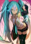  1girl absurdres aqua_hair arm_at_side arm_up bangs black_skirt black_thighhighs commentary detached_sleeves feet_out_of_frame hair_between_eyes hatsune_miku highres kaamin_(mariarose753) leaning_forward long_hair looking_at_viewer miniskirt necktie pink_background pleated_skirt shirt skirt sleeveless sleeveless_shirt smile solo thighhighs twintails v very_long_hair vocaloid white_shirt zettai_ryouiki 