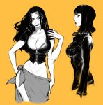  1girl breasts cleavage cropped_legs extra_arms eyewear_on_head from_side hair_slicked_back highres jacket large_breasts lips long_hair medium_hair midriff monochrome nico_robin nose one_piece partially_unzipped sarong sunglasses upper_body yellow_background zelus 