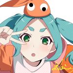  1girl :o aqua_hair close-up dress googly_eyes green_eyes hand_up hat highres looking_at_viewer m_aoi_w medium_hair monogatari_(series) nisemonogatari ononoki_yotsugi open_mouth orange_dress orange_headwear short_twintails simple_background solo twintails upper_body v white_background 