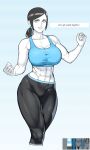  1girl abs absurdres biceps black_hair black_pants blue_sports_bra breasts cleavage clenched_hands collarbone colored_skin english_commentary english_text grey_eyes highres huge_breasts looking_at_viewer medium_hair midriff muscular muscular_female navel nisetanaka pants short_ponytail solo speech_bubble sports_bra standing super_smash_bros. taut_clothes thick_thighs thighs tight tight_pants white_skin wii_fit wii_fit_trainer wii_fit_trainer_(female) yoga_pants 