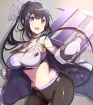  1girl absurdres bike_shorts black_hair blue_archive breasts choker closed_mouth crop_top flower green_choker hair_flower hair_ornament happy highres light_blush long_hair looking_at_viewer midriff open_mouth papion ponytail purple_eyes sumire_(blue_archive) 
