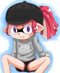  1girl arms_behind_back baseball_cap black_headwear black_shorts fang grey_sweater grin hat inkling inkling_girl long_hair long_sleeves looking_at_viewer no_panties pink_hair pointy_ears ponytail purple_eyes shorts sitting smile solo splatoon_(series) sweater tentacle_hair yugmlecpdduukox 