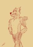  2022 5_fingers anthro biped black_and_yellow bottomwear bottomwear_only canid canine canis claws clothed clothing cwasaunt digital_drawing_(artwork) digital_media_(artwork) eyebrows fangs finger_claws fingers five_nights_at_freddy&#039;s flamboyant fox foxy_(fnaf) fur head_tuft hi_res hook hook_hand limp_wrist looking_at_viewer male mammal monochrome navel pawpads pirate portrait pose scottgames shorts signature simple_background sketch sneer solo standing teeth three-quarter_portrait three-quarter_view toothy_grin topless topless_anthro topless_male torn_bottomwear torn_clothing torn_shorts tuft video_games yellow_background 